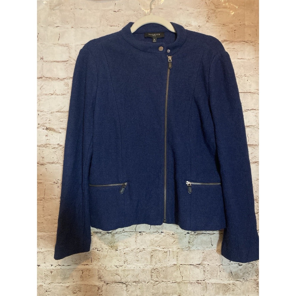 Talbots Boiled Wool Jacket 8 Petite In Navy Blue Zip Front Pockets Everyday Wear